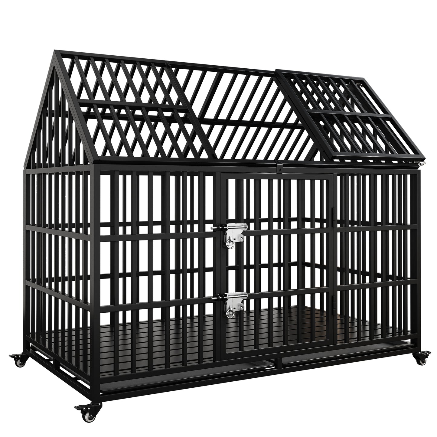 54" Heavy Duty Dog Crate Large Dog cage Strong Metal Dog Kennels and Crates for Large Dogs Top Open with 2 Doors 4 Lockable Wheels 2 Removable Trays