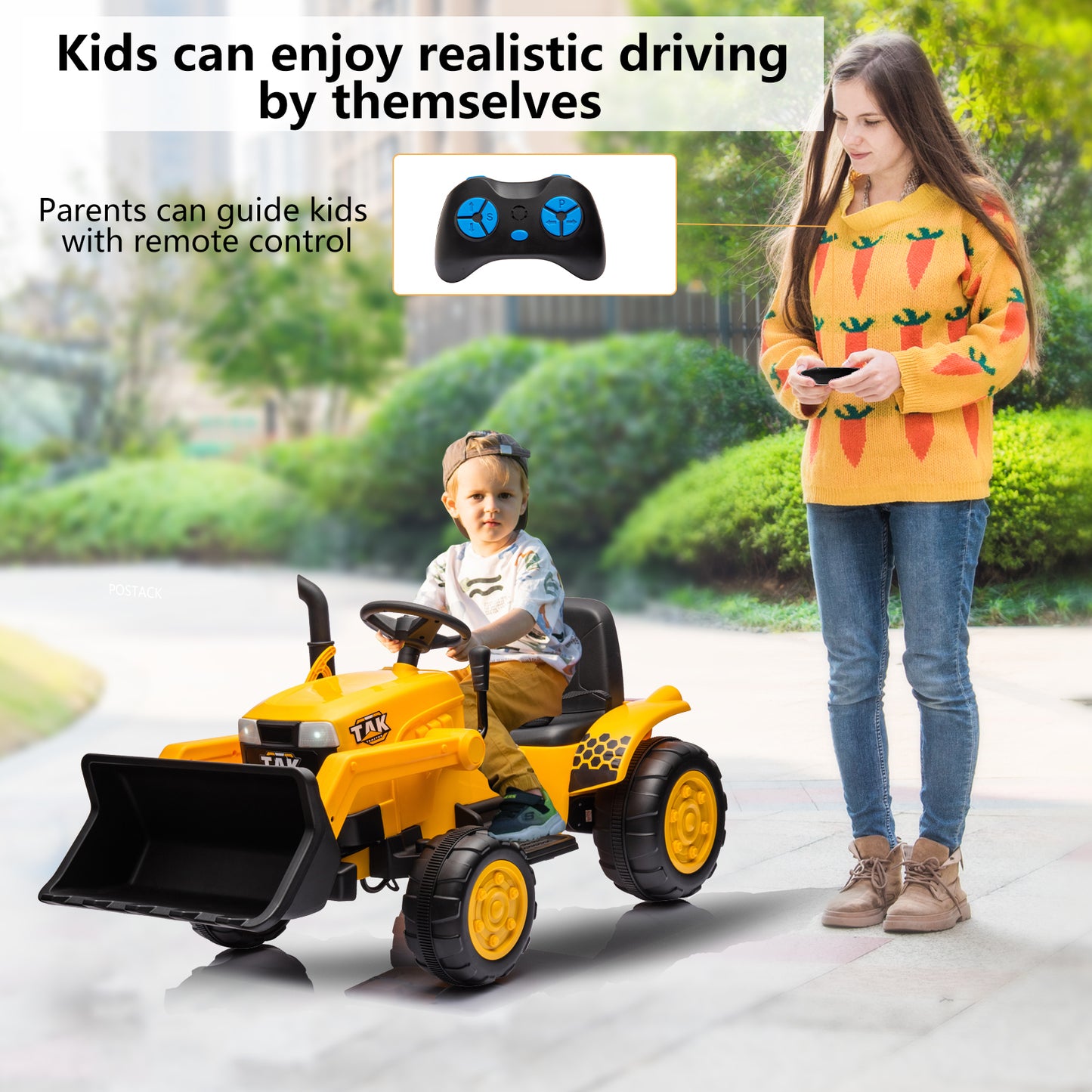 12V Kids Ride on Tractor Electric Excavator Battery Powered Motorized Car for Kids Ages 3-6, with Front Loader, Digging Handle, Remote Control, & Bright Headlight, Yellow