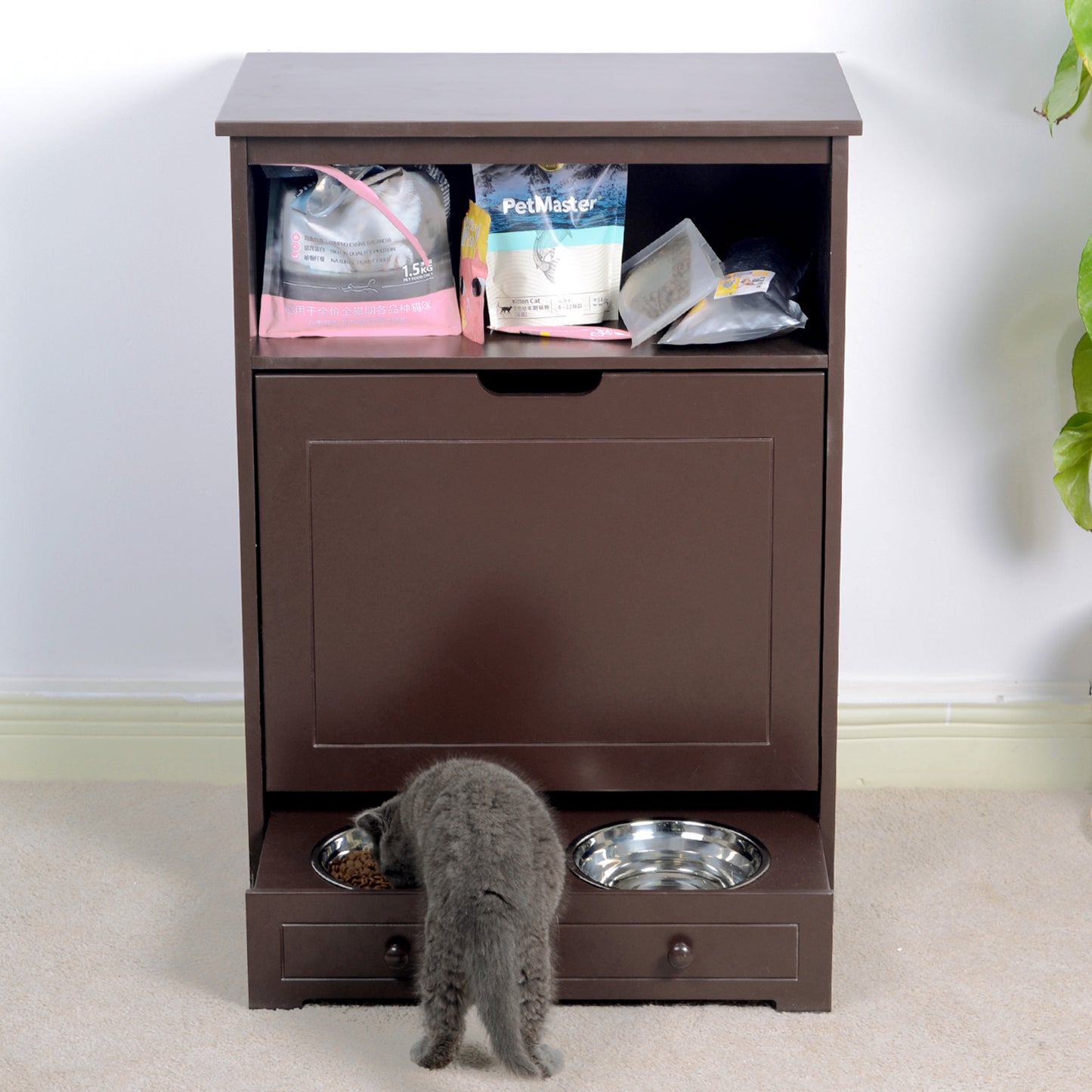 Pet Feeder Station with Storage,Made of MDF and Waterproof Painted,Dog and Cat Feeder Cabinet with Stainless Bowl