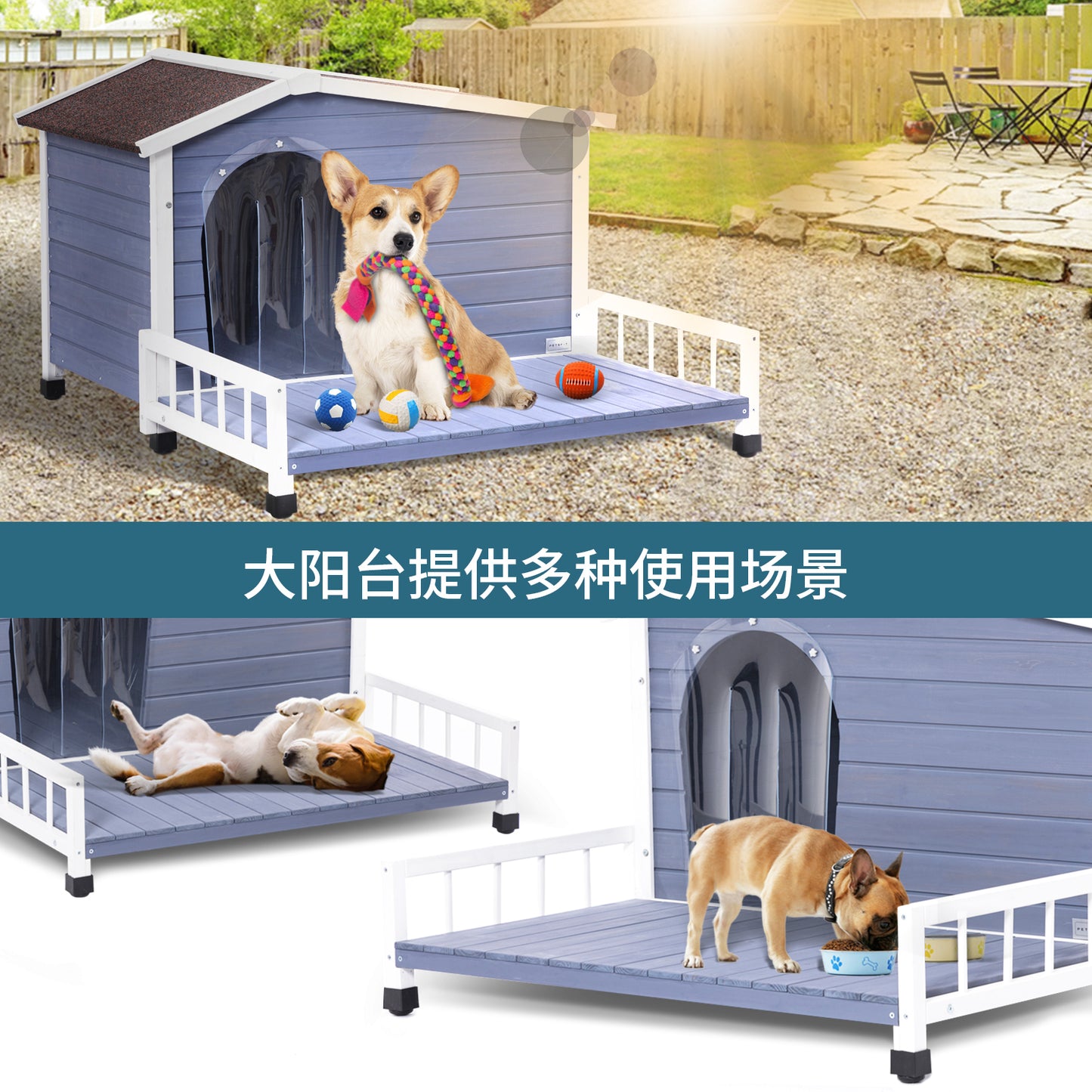 Large Wooden Dog House Indoor Outdoor with Terrace and Open Waterproof Asphalt Roof, Outdoor Dog House with Raised Floor, Windows and Door Curtains, Suitable for Small  and Medium Dogs