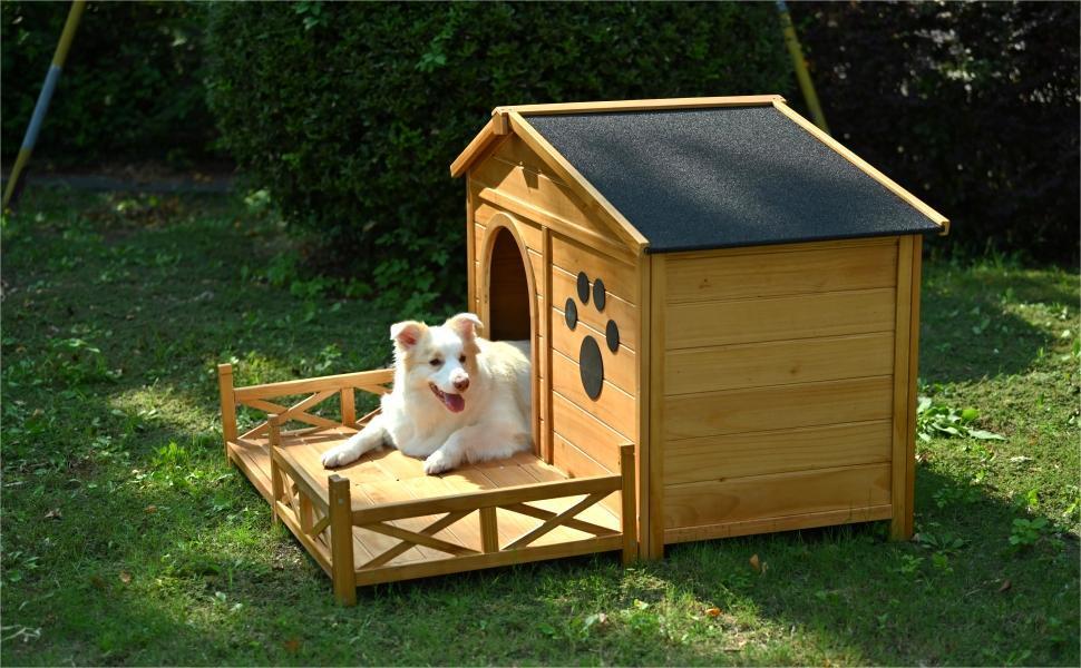 48" Wooden Dog House Outdoor with Porch, Dog Kennel with Water-Resistant Asphalt Roof and Fencing,Indoor & Outdoor Dog Crate with Paw Print, Medium, Nature