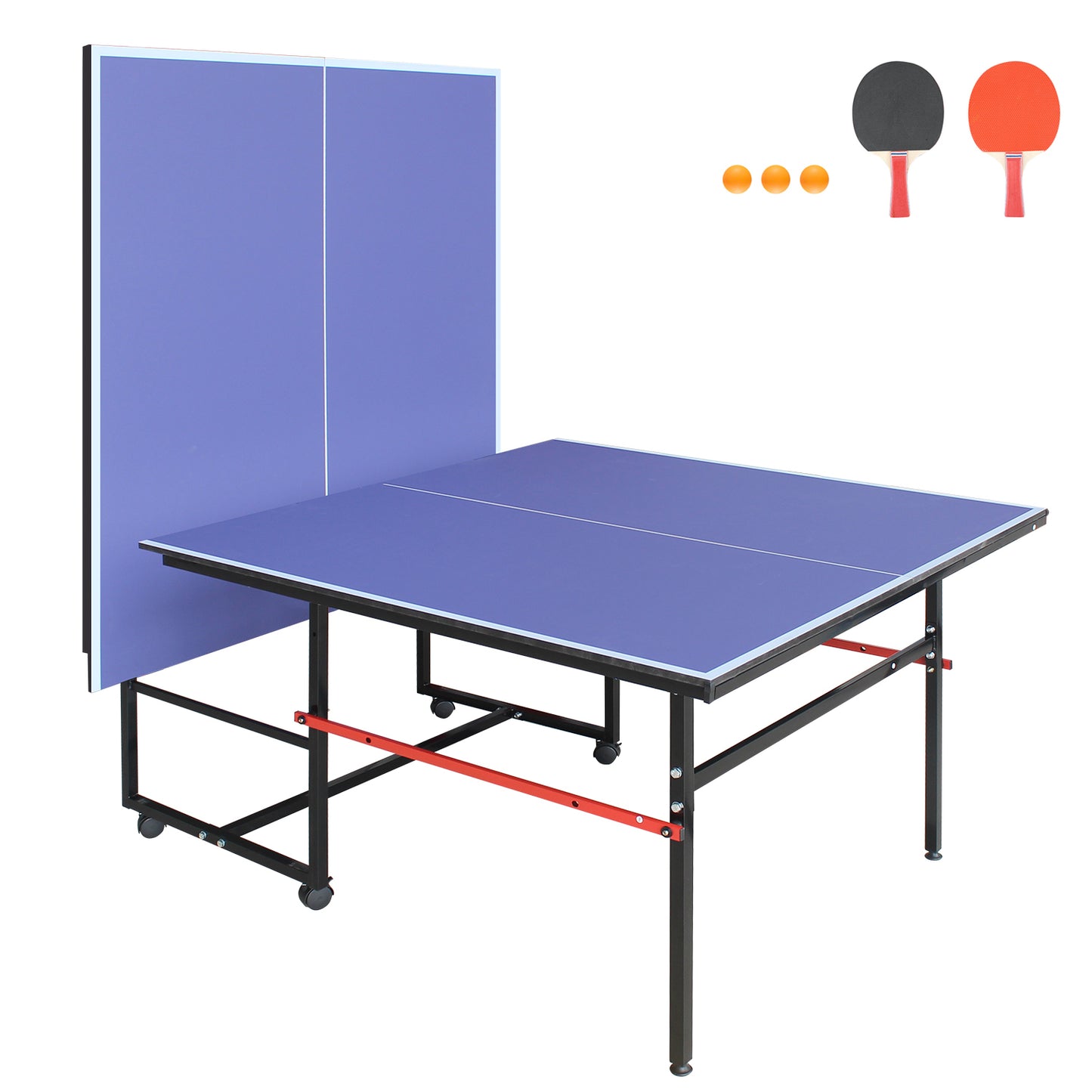 8ft Mid-Size Table Tennis Table Foldable & Portable Ping Pong Table Set for Indoor & Outdoor Games with Net, 2 Table Tennis Paddles and 3 Balls