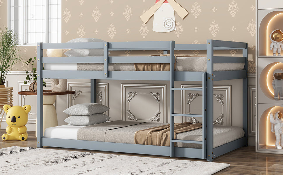 Solid Wooden, Solid Rubber Wooden Twin over Twin Loft Bed with Ladder, with Bed Platform of Strengthened Slats , Grey