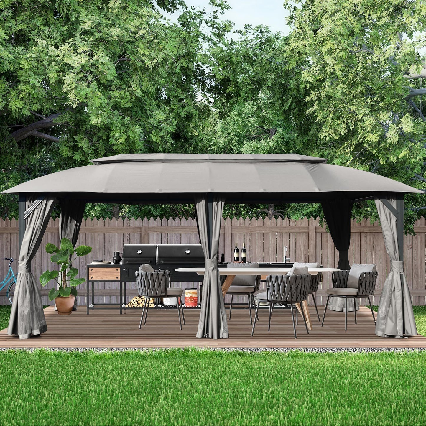 Gazebo 10x20FT, Outdoor Gazebo with Double Roofs, Privacy Curtains, Mosquito Nettings, Heavy Duty Metal Frame Party Tent Canopy for Patio, Backyard, Deck, Lawn, Grey