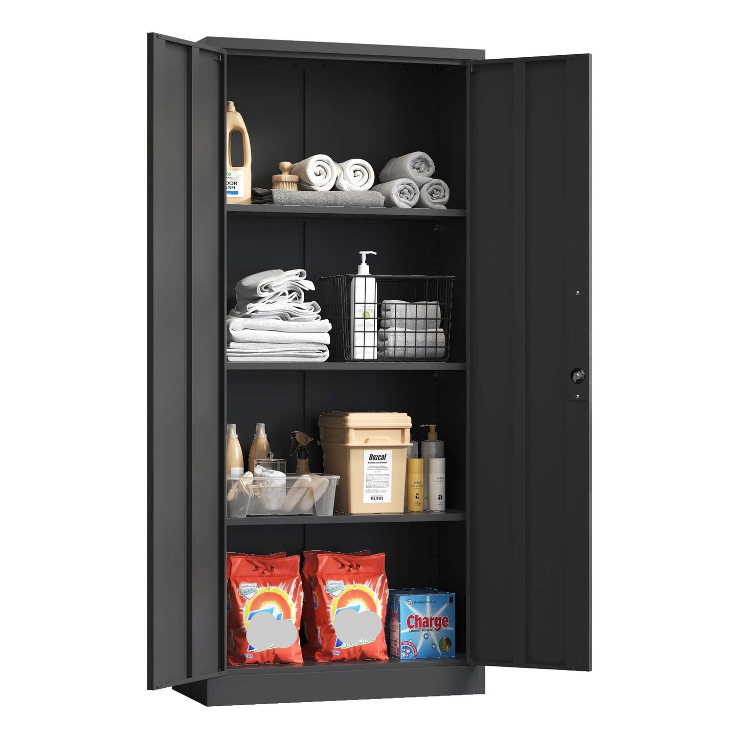 71"H Metal Garage Storage Cabinet, Black Tool Steel Locking Cabinet with Doors and 3 Shelves, Tall Cabinets for Garage Storage Systems Lockable File Cabinet for Home Office, Classroom/Pantry