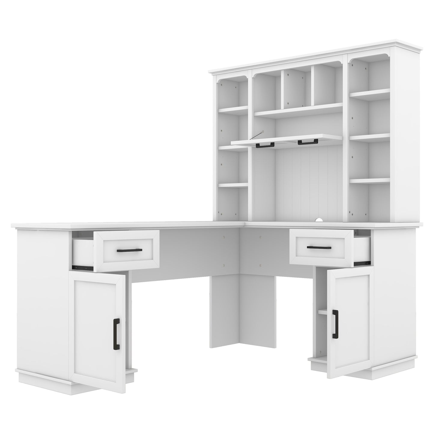 L-shaped computer desk with 2 cabinets and 2 drawers underneath the table, 11 open shelves and a flip-up shelf with storage on the right side, suitable for study, living room and office, White