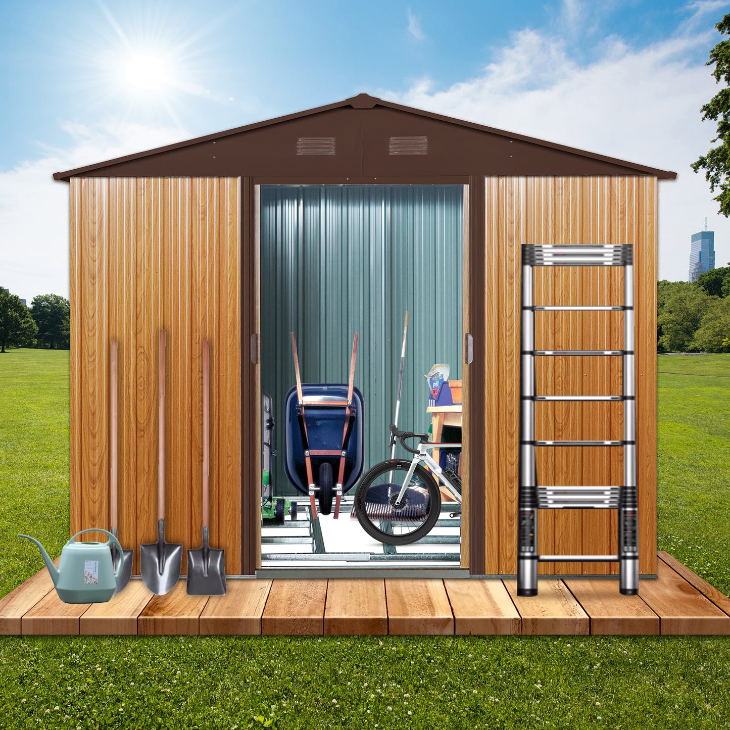 8ft x 6ft Outdoor Metal Storage Shed with Metal foundation,Coffee(W540S00014)