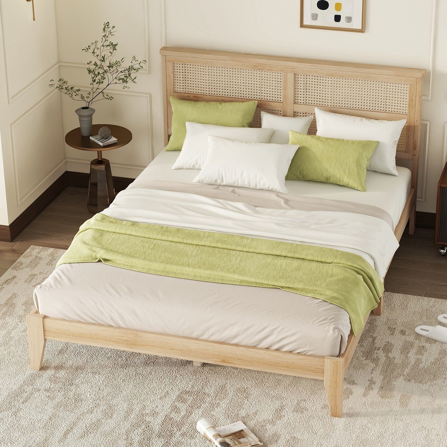 Queen Size Rubber Wooden, Solid Wooden Bed with Rattan Headboard, Enhanced by Support Feet,Oak White