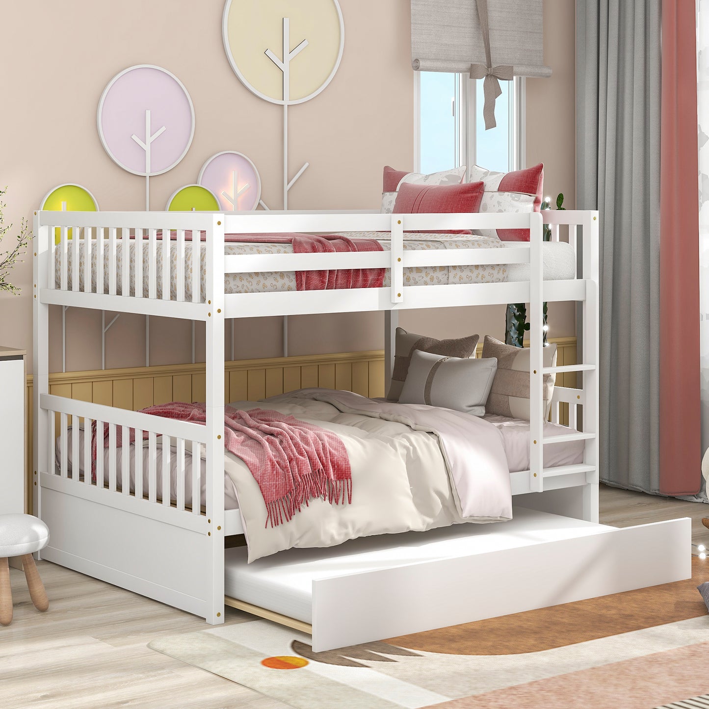 Full Over Full Bunk Bed with Trundle, Convertible to 2 Full Size Platform Bed, Full Size Bunk Bed with Ladder and Safety Rails for Kids, Teens, Adults,White(New Sku:W504S00212)