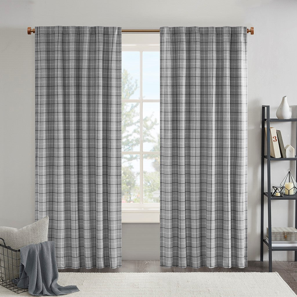 Plaid Rod Pocket and Back Tab Curtain Panel with Fleece Lining Grey 50x95'