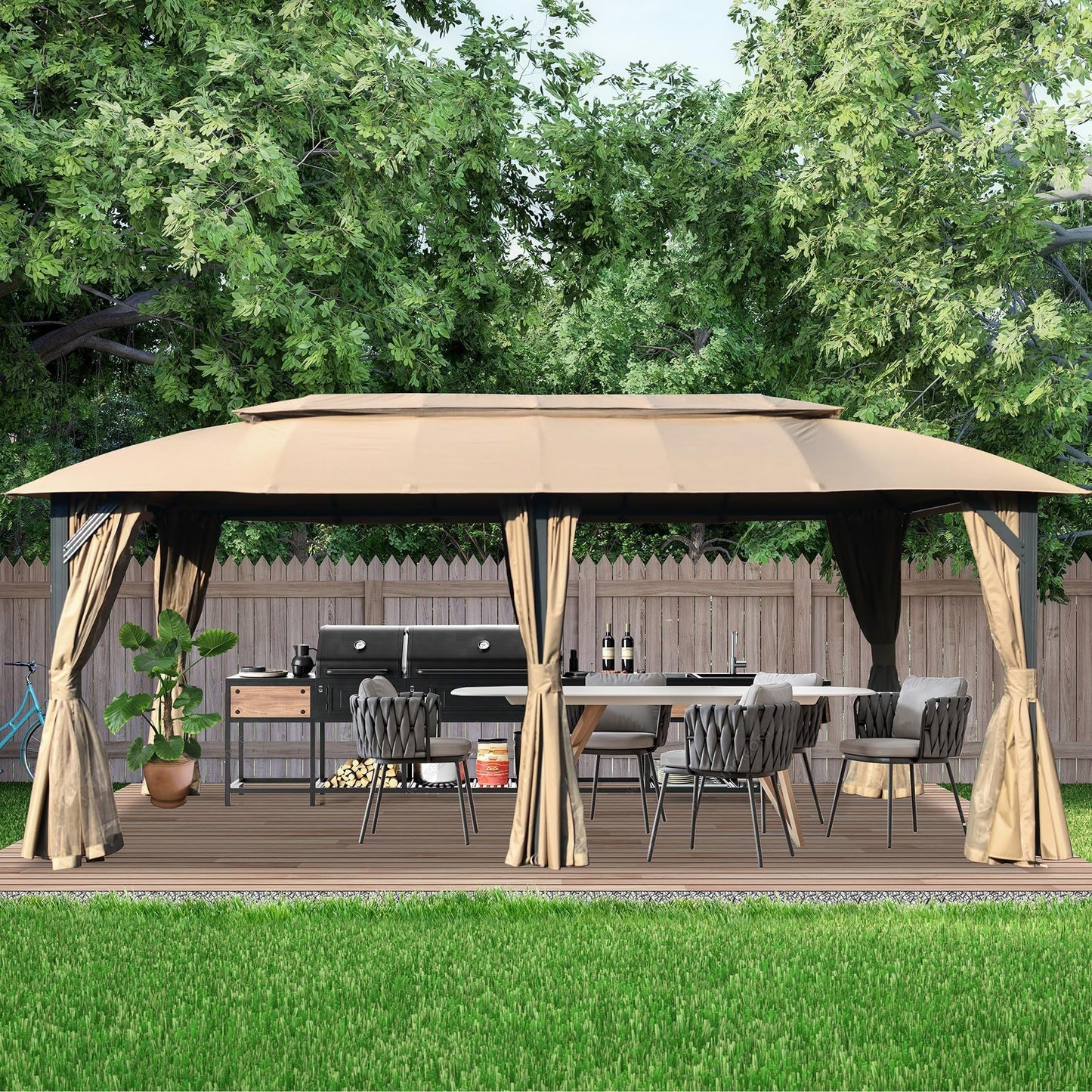 Gazebo 10x20FT, Outdoor Gazebo with Double Roofs, Privacy Curtains, Mosquito Nettings, Heavy Duty Metal Frame Party Tent Canopy for Patio, Backyard, Deck, Lawn, Brown