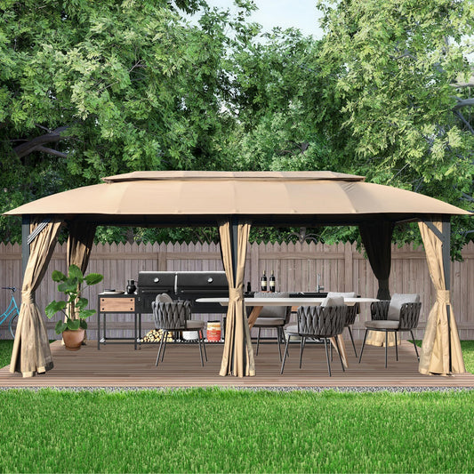 Gazebo 10x20FT, Outdoor Gazebo with Double Roofs, Privacy Curtains, Mosquito Nettings, Heavy Duty Metal Frame Party Tent Canopy for Patio, Backyard, Deck, Lawn, Brown