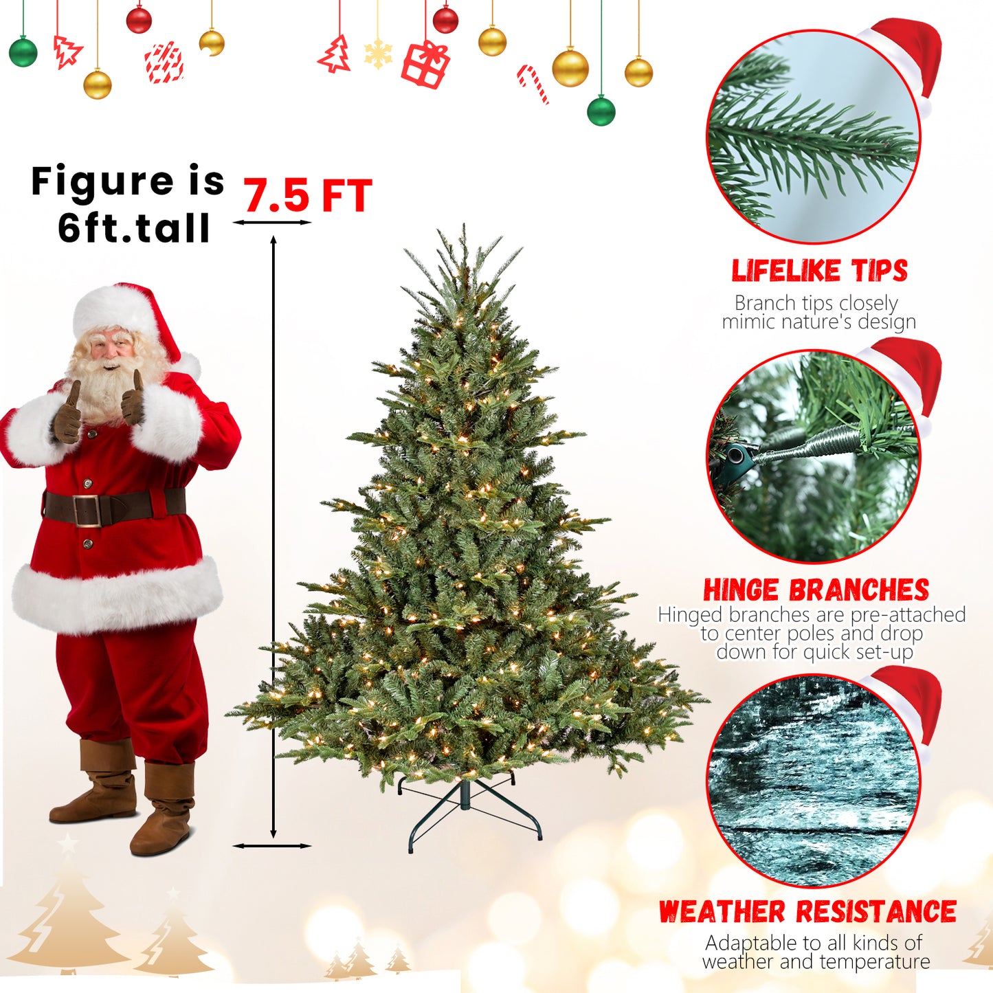 7.5FT Christmas Tree Simulate Nature Advanced Materials Premium Hinged Spruce Artificial Douglas Firs Tree, Christmas Holiday Party Atmosphere Decoration New Year Celebration PE+PVC Xmas Tree