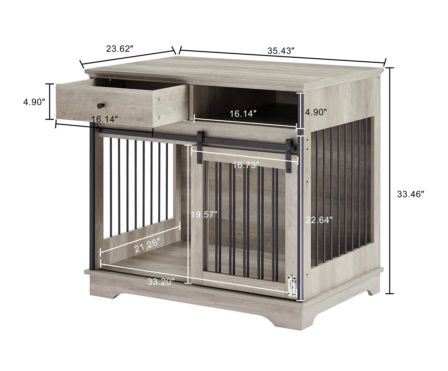 Sliding door dog crate with drawers. Grey,35.43'' W x 23.62'' D x 33.46'' H