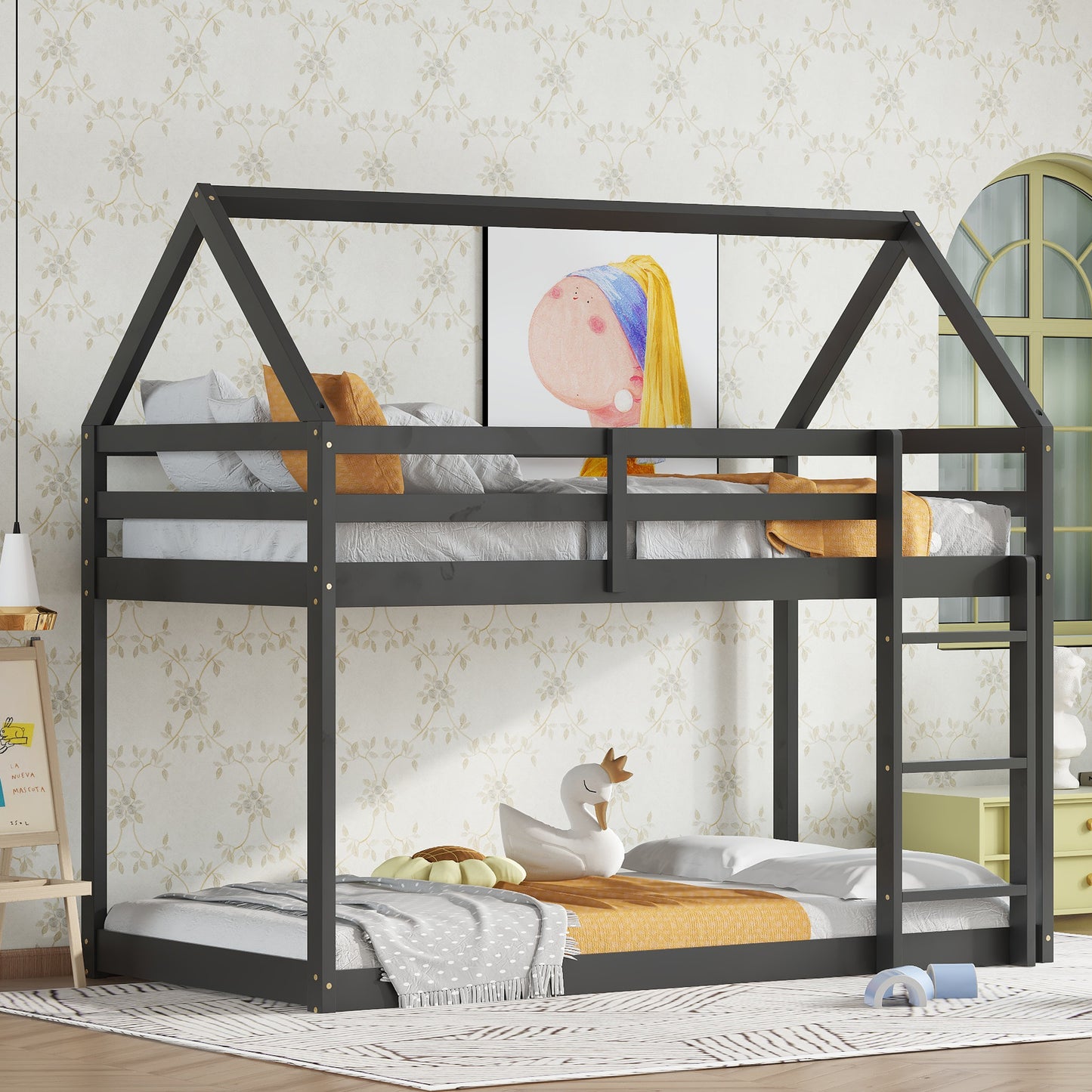 Twin over Twin Rubber Wood Floor Bunk Bed, with ladder,Guardrails,House-Shaped-Bunk Bed, Black