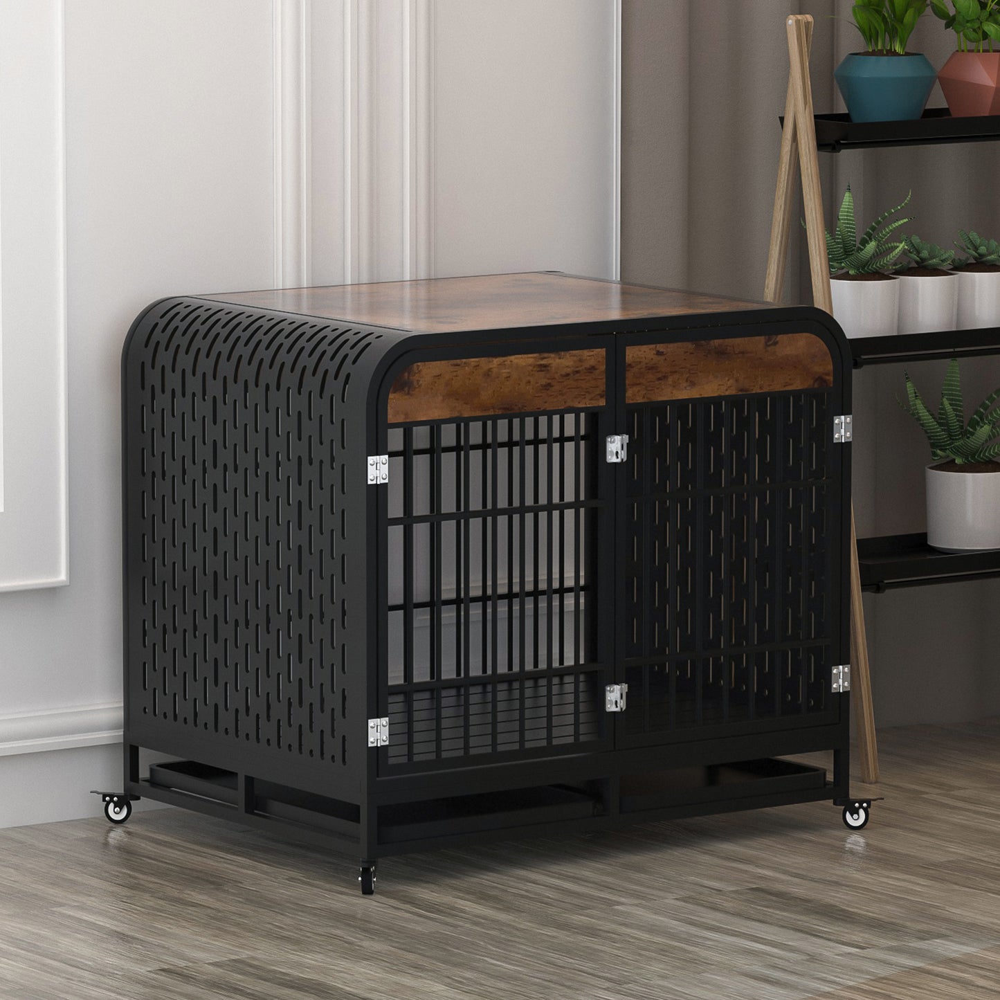 Heavy Duty Dog Crate Furniture Wooden Table Pet Dog Cage Kennel House Indoor Side End Table Decor with Removable Trays and Lockable Wheels for Medium and Large Dogs 42" Brown