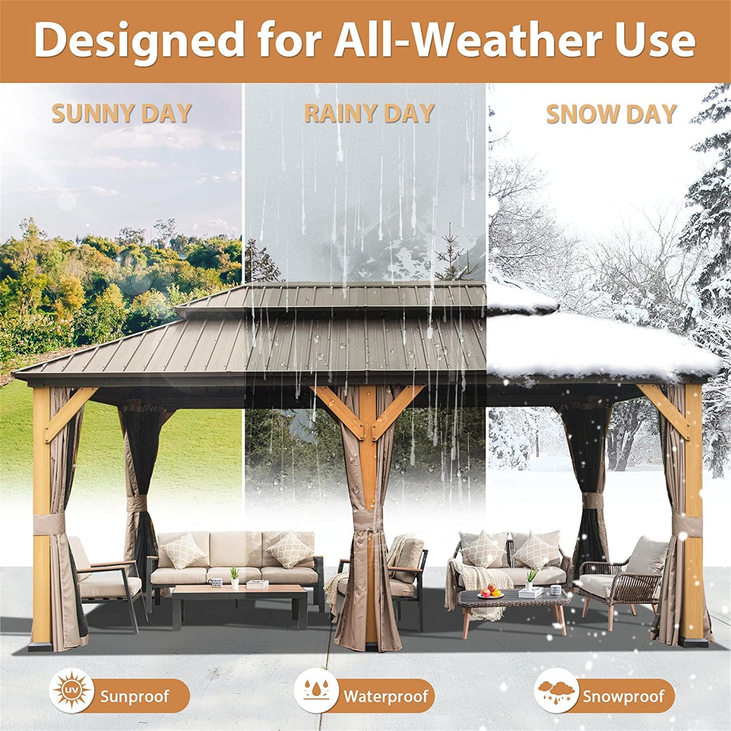 12'x20' Hardtop Gazebo, Outdoor Cedar Wood Frame Canopy with Galvanized Steel Double Roof, Outdoor Permanent Metal Pavilion with Curtains and Netting for Patio, Backyard and Lawn(Brown)