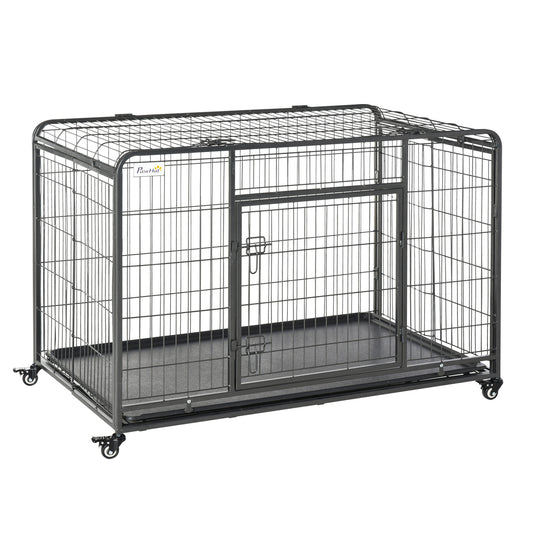 PawHut Folding Design Heavy Duty Metal Dog Cage Crate & Kennel with Removable Tray and Cover, & 4 Locking Wheels, Indoor/Outdoor 49"