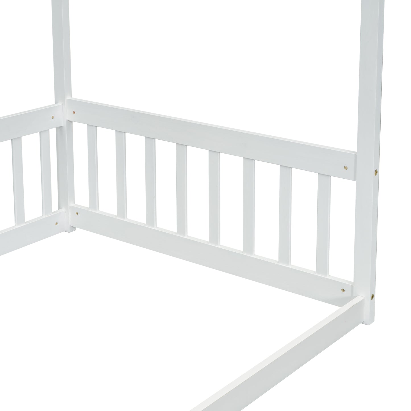 Twin Size Canopy Frame Floor Bed with Fence, Guardrails,White