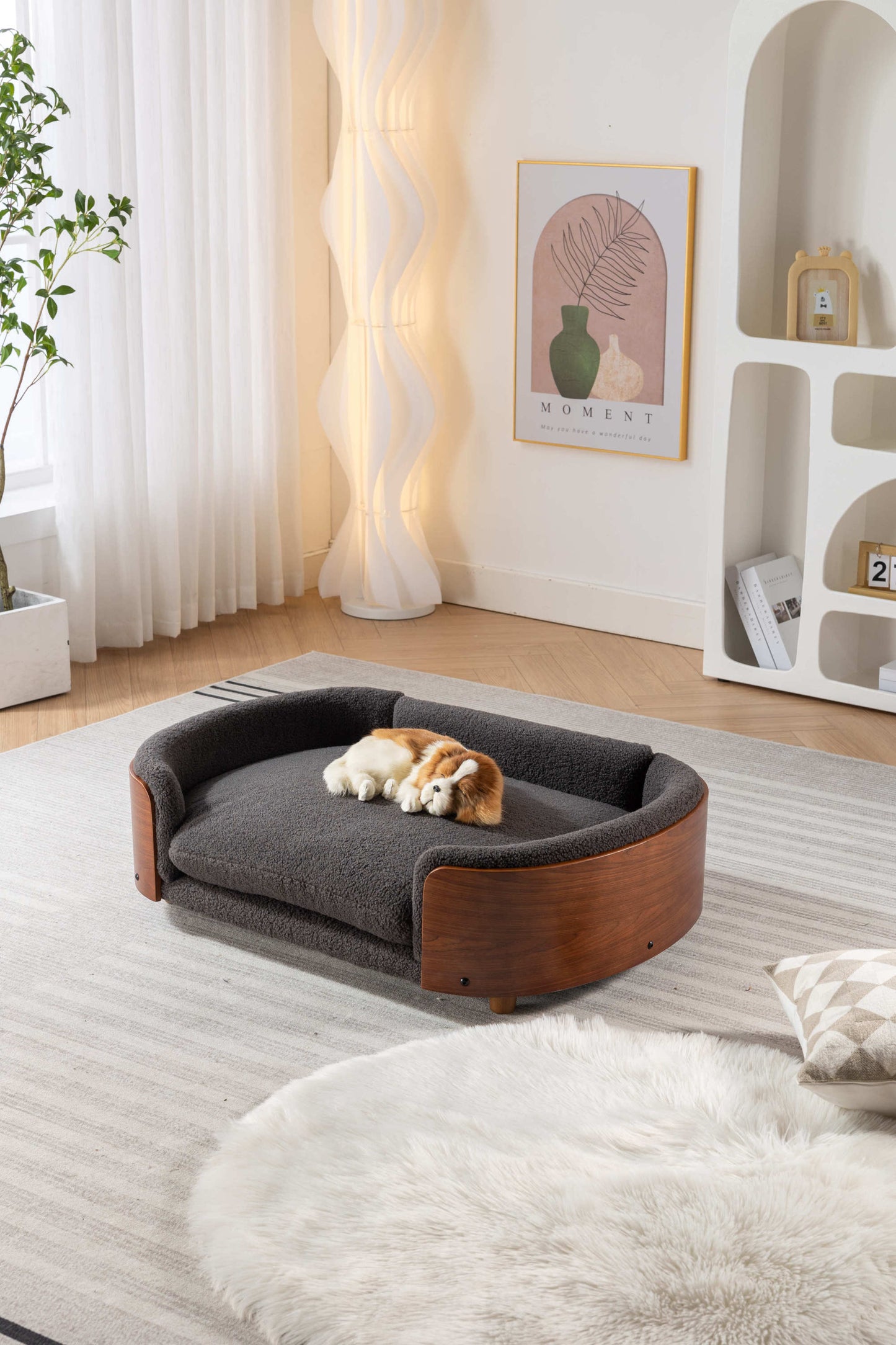 Scandinavian style Elevated Dog Bed Pet Sofa With Solid Wood legs and Walnut Bent Wood Back, Cashmere Cushion,Large Size