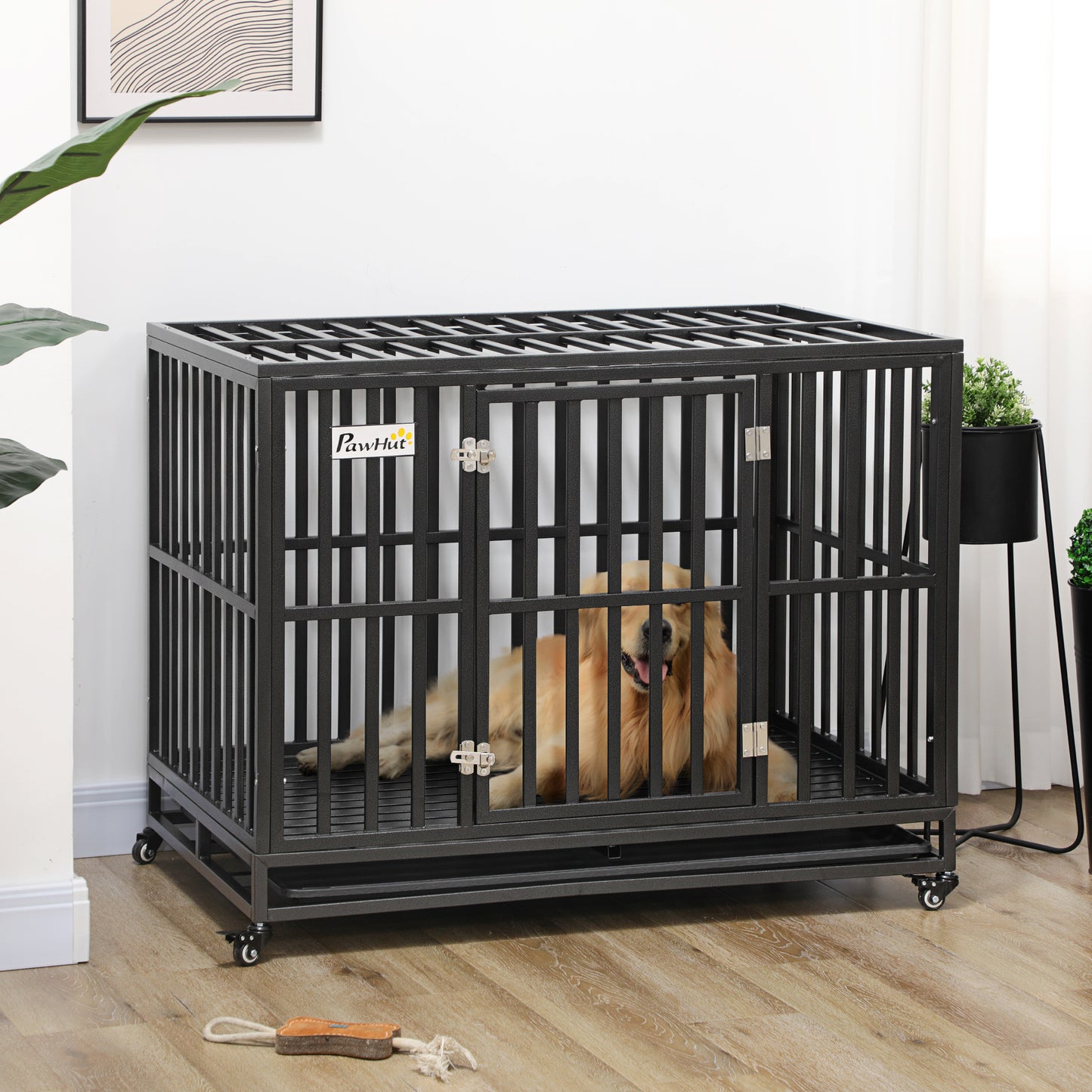 PawHut Heavy Duty Dog Crate Metal Kennel and Cage Dog Playpen with Lockable Wheels, Slide-out Tray and Anti-Pinching Floor, 45" x 29.5" x 35"