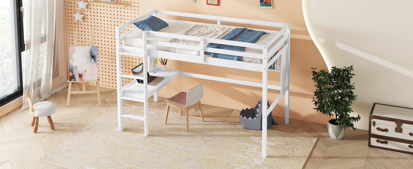 Twin Size Loft Bed with desk and shelves, Safety Guardrail and ladder,White