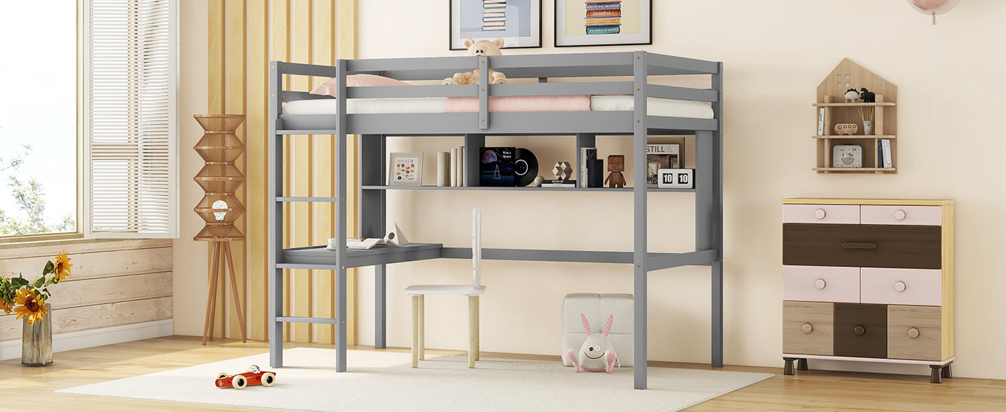 Twin Size Loft Bed with desk and shelves, Safety Guardrail and ladder,Grey