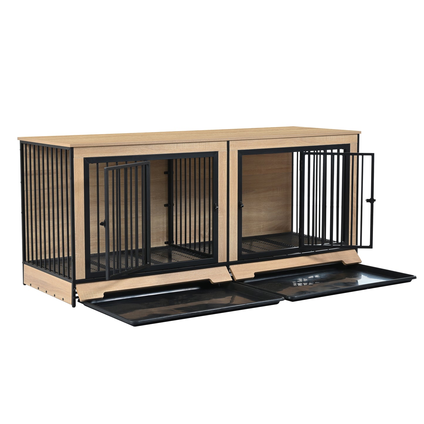 Dog Crate Furniture with Two Combined Room, XL Large Double Dog Cage Furniture with Tray for Medium Large Dogs, Wooden Dog Kennel Furniture