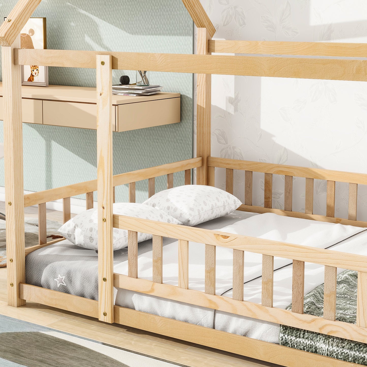 Full Size Floor Wooden Bed with House Roof Frame, Fence Guardrails ,Nartural(Old SKU:W504105242)