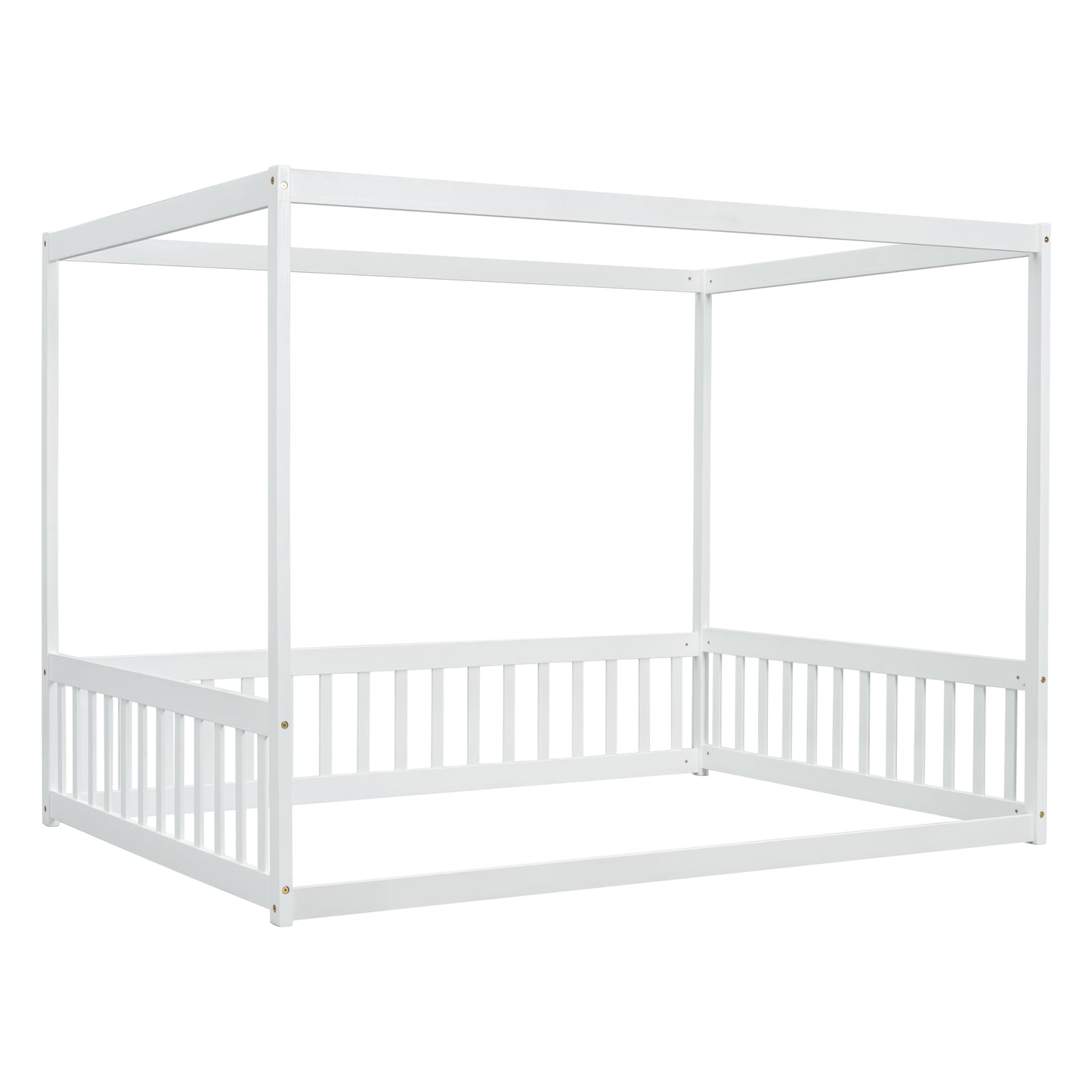 Full Size Canopy Frame Floor Bed with Fence, Guardrails,White