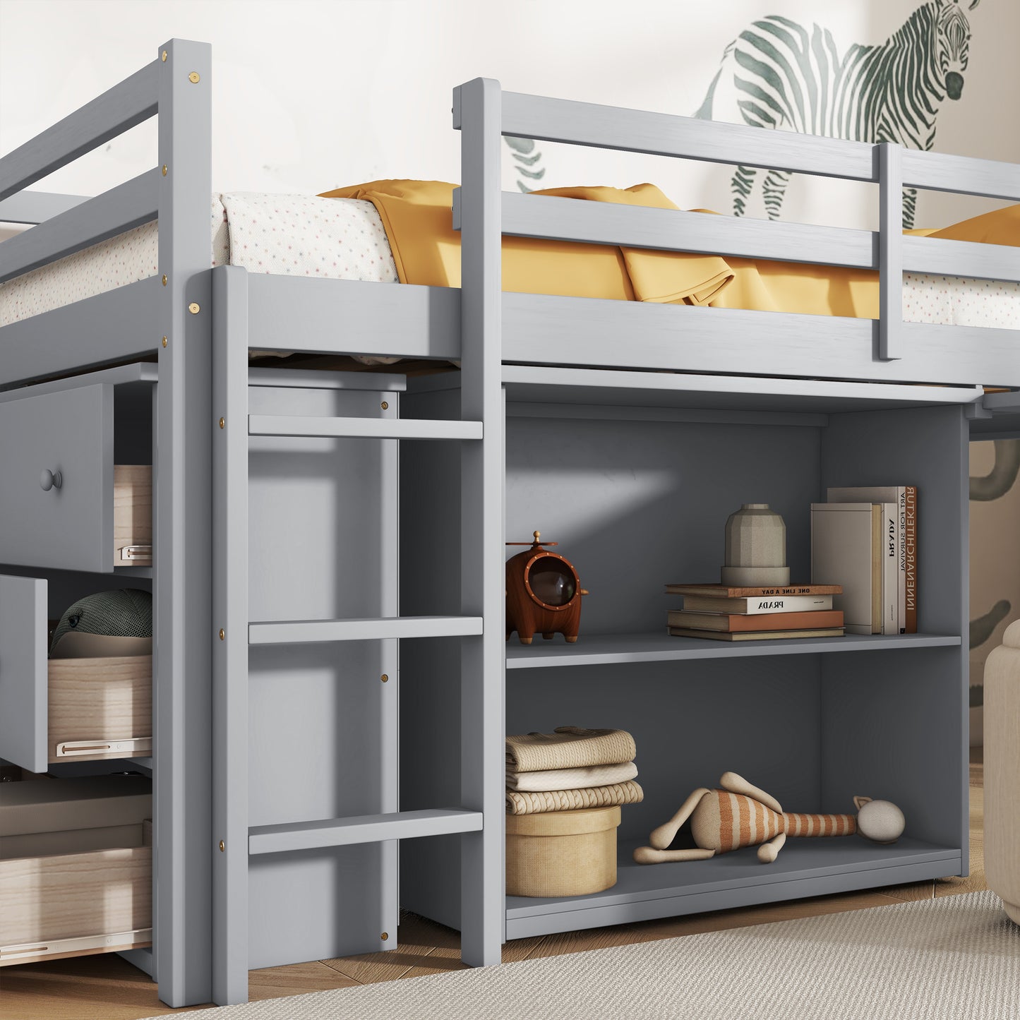 Twin Loft Bed with ,Drawer Cabinet, Shelf Cabinet and Pulling -Out Desk,Rubber Wood Loft Bed with Safety Guardrail ,Ladder,Grey