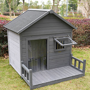 Large dog house, 44.2" long x 44.6" wide x 44.6" high solid wood asphalt roof dog house for large dogs with large terrace, weatherproof large dog house