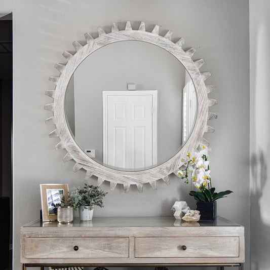 Vintage 34'' x 34'' Wood Round Hanging Gear Shape Heavy Decorative Mirror For Bathroom Living Room Entryway Or Put Together To Your Liking.(Antique White Washed)