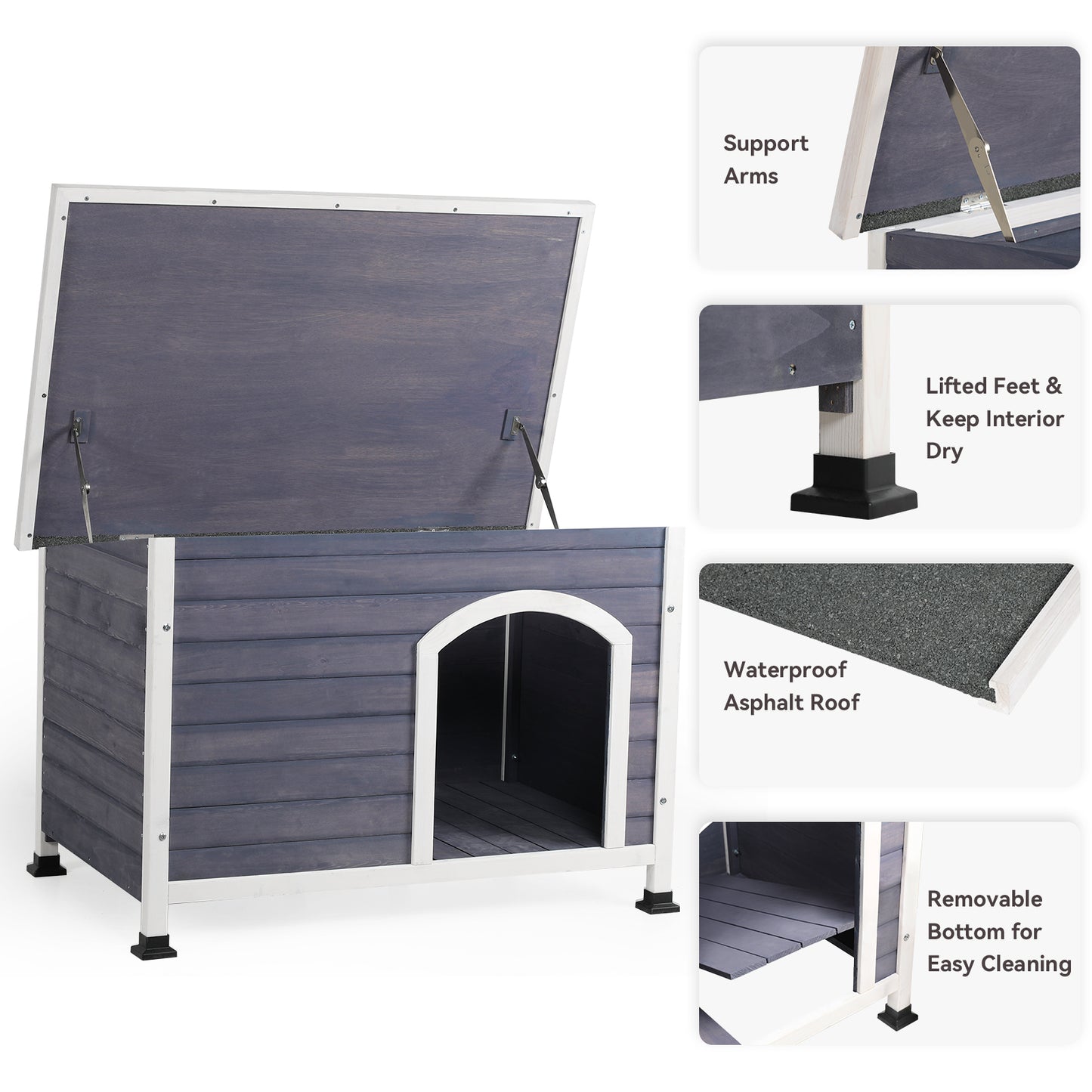 Medium Wooden Outdoor Dog House, Waterproof Roof, Elevated Floor, Grey