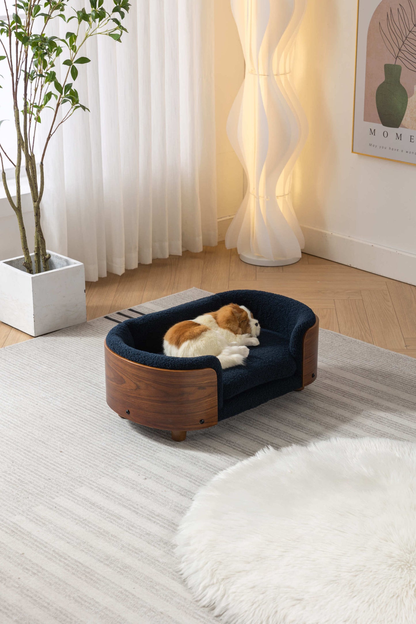 Scandinavian style Elevated Dog Bed Pet Sofa With Solid Wood legs and Walnut Bent Wood Back,  Cashmere Cushion,Small Size