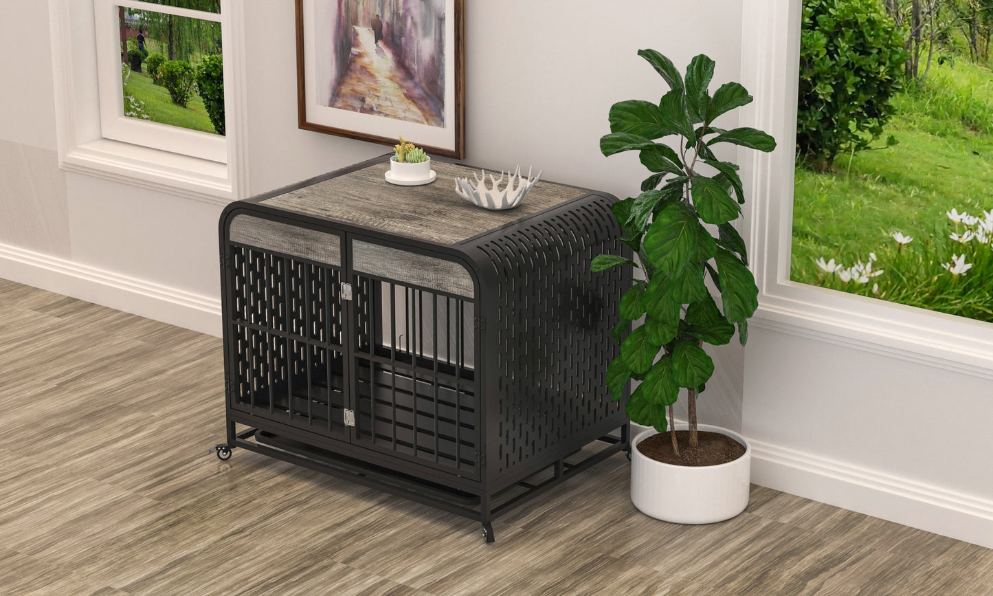 Heavy Duty Dog Crate Furniture Wooden Table Pet Dog Cage Kennel House Indoor Side End Table Decor with Removable Trays and Lockable Wheels for Small Dogs 33" Grey