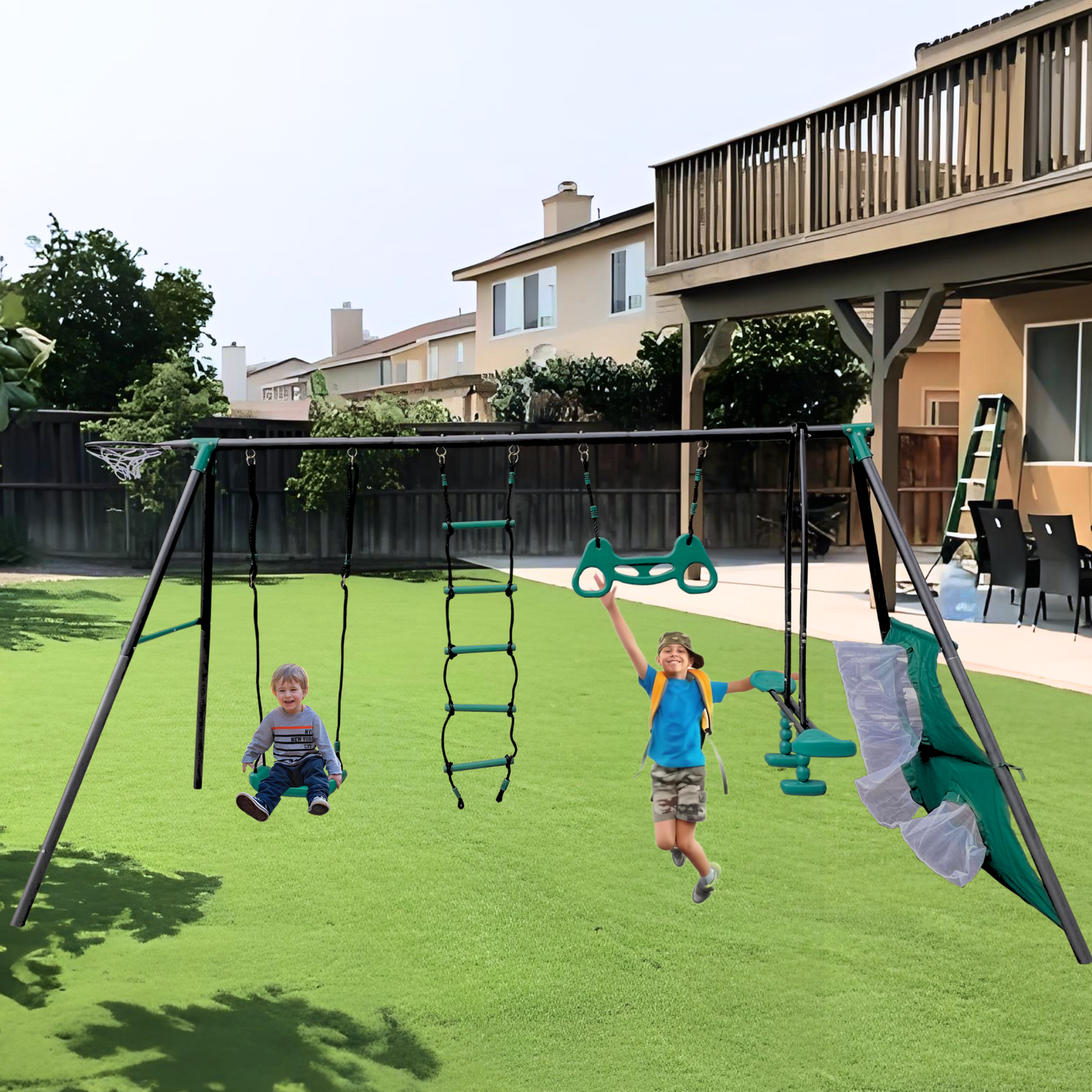 XNS076 blackish green interesting four function swingset with face to face metal plastic safe swing seat 550lbs for outdoor playground for age 3+