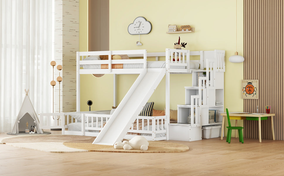 Twin Over Full Bunk Bed with Slide, Storage Staircase, Pine Solid Wooden Bunk Bed with Safety Guardrails,White