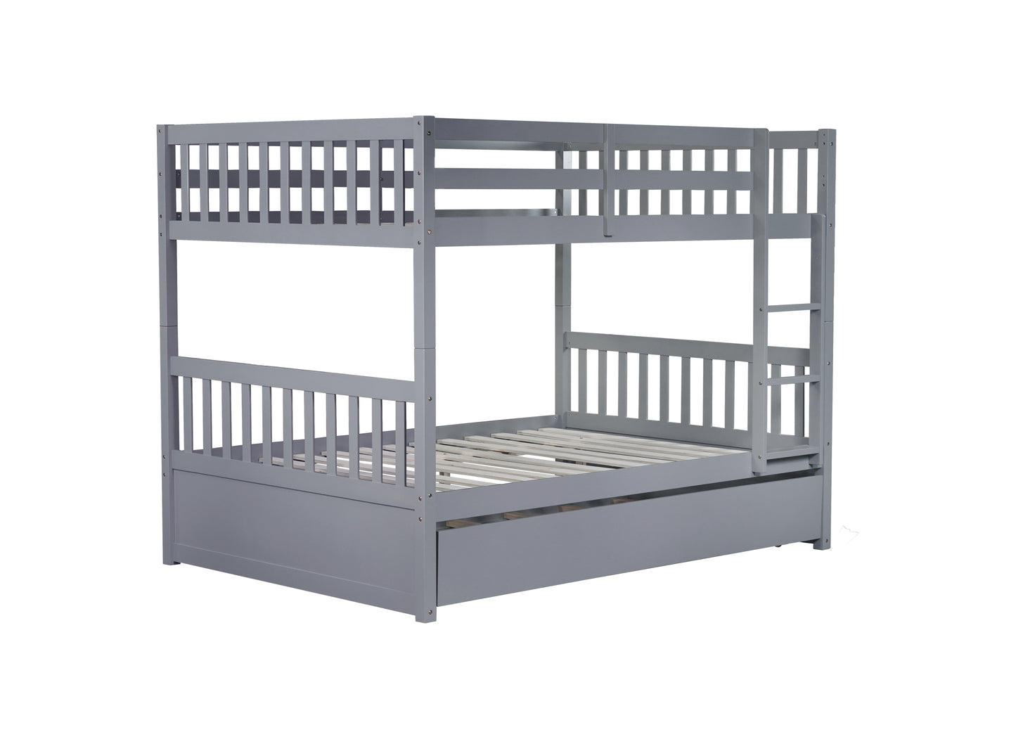 Full Over Full Rubber Wood Bunk Bed with Trundle, Ladder and Guardrails, Convertible to 2 Full Size Beds, with Twin Size Trundle ,Grey(Old Sku:W504S00250)