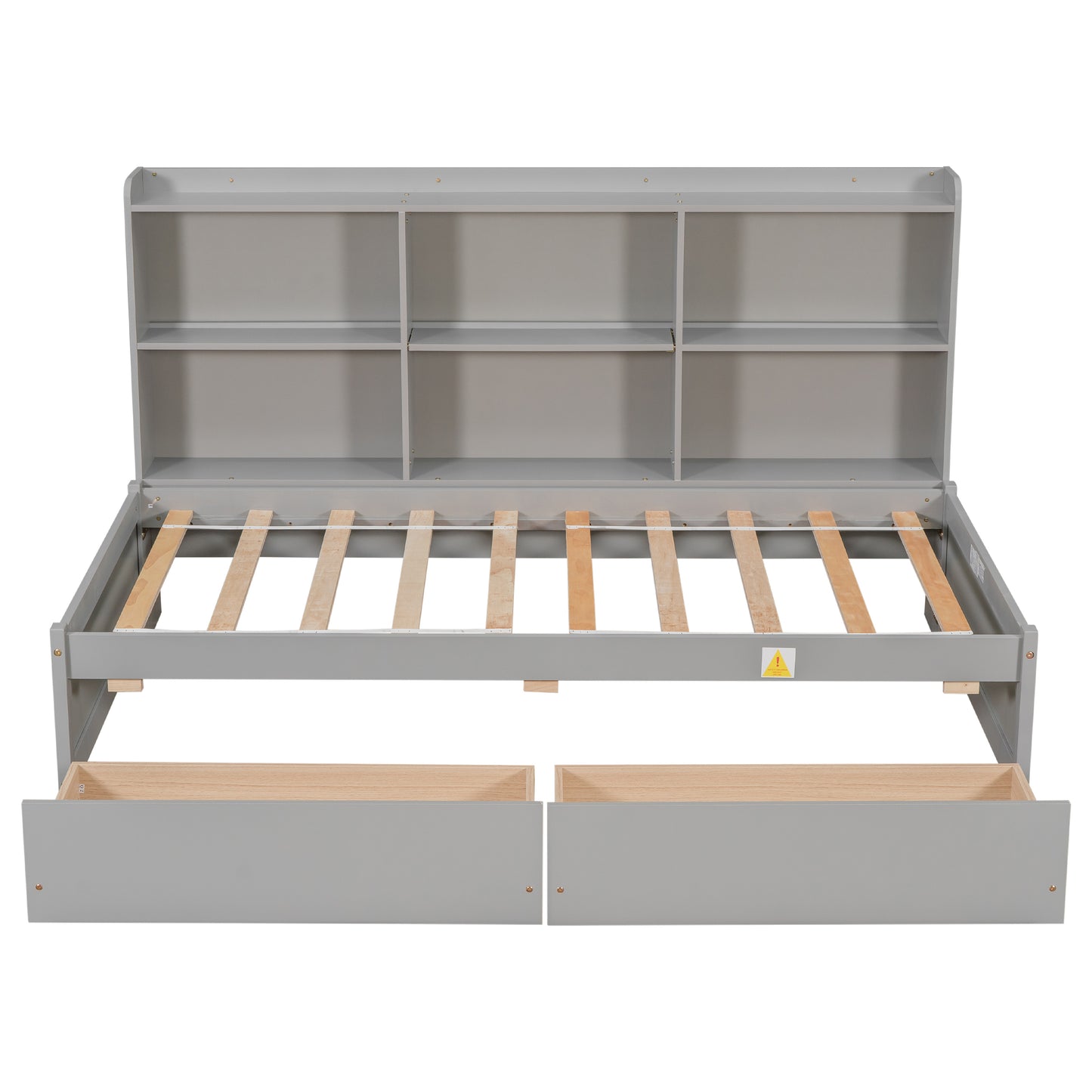 Twin Bed with Side Bookcase, Drawers ,Grey