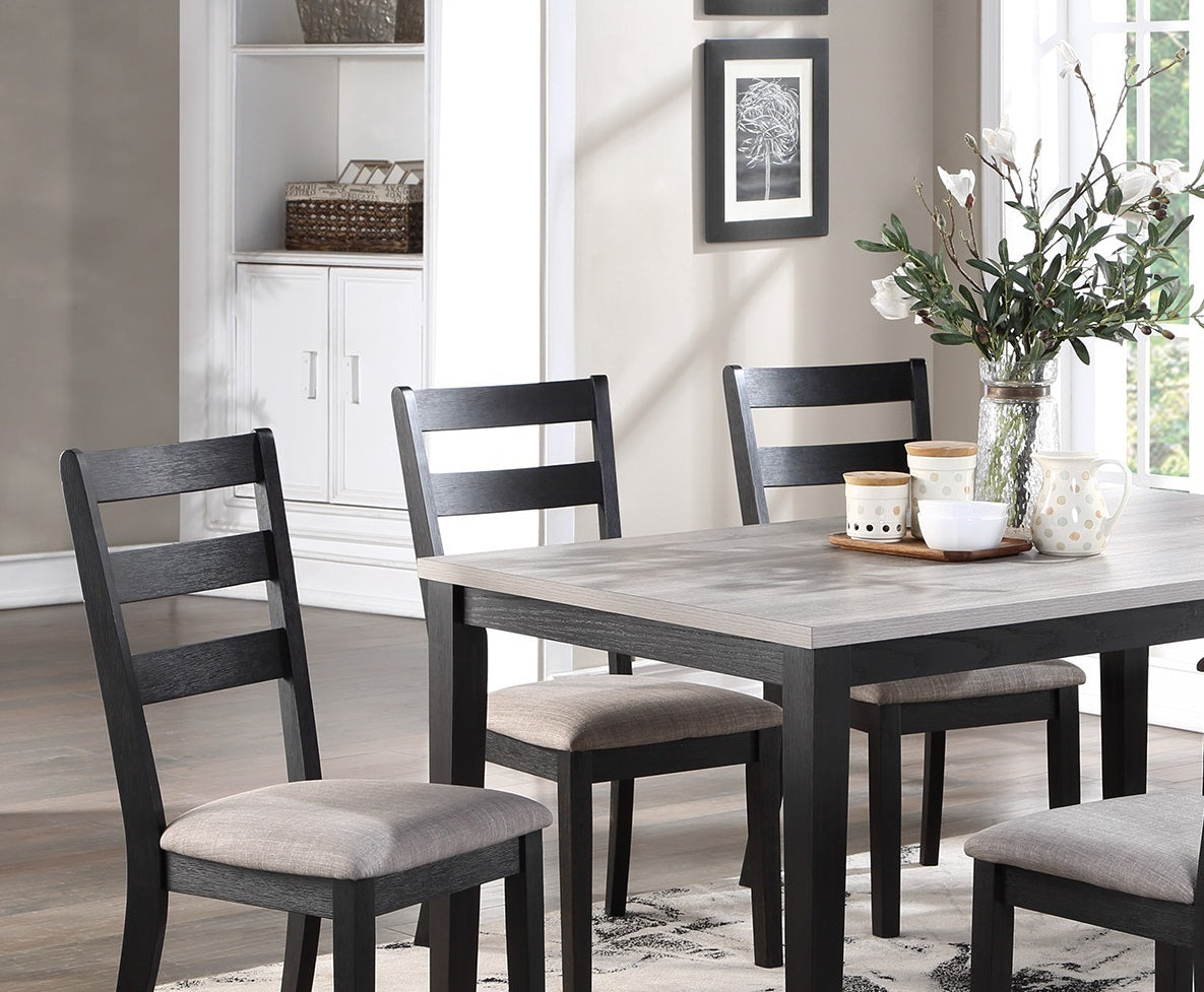 Rustic Charcoal Wooden Table 7pc Dining Set Dining Room Furniture Ladder back Side Chairs Cushion Seat light 2-Tone Sand Fabric.