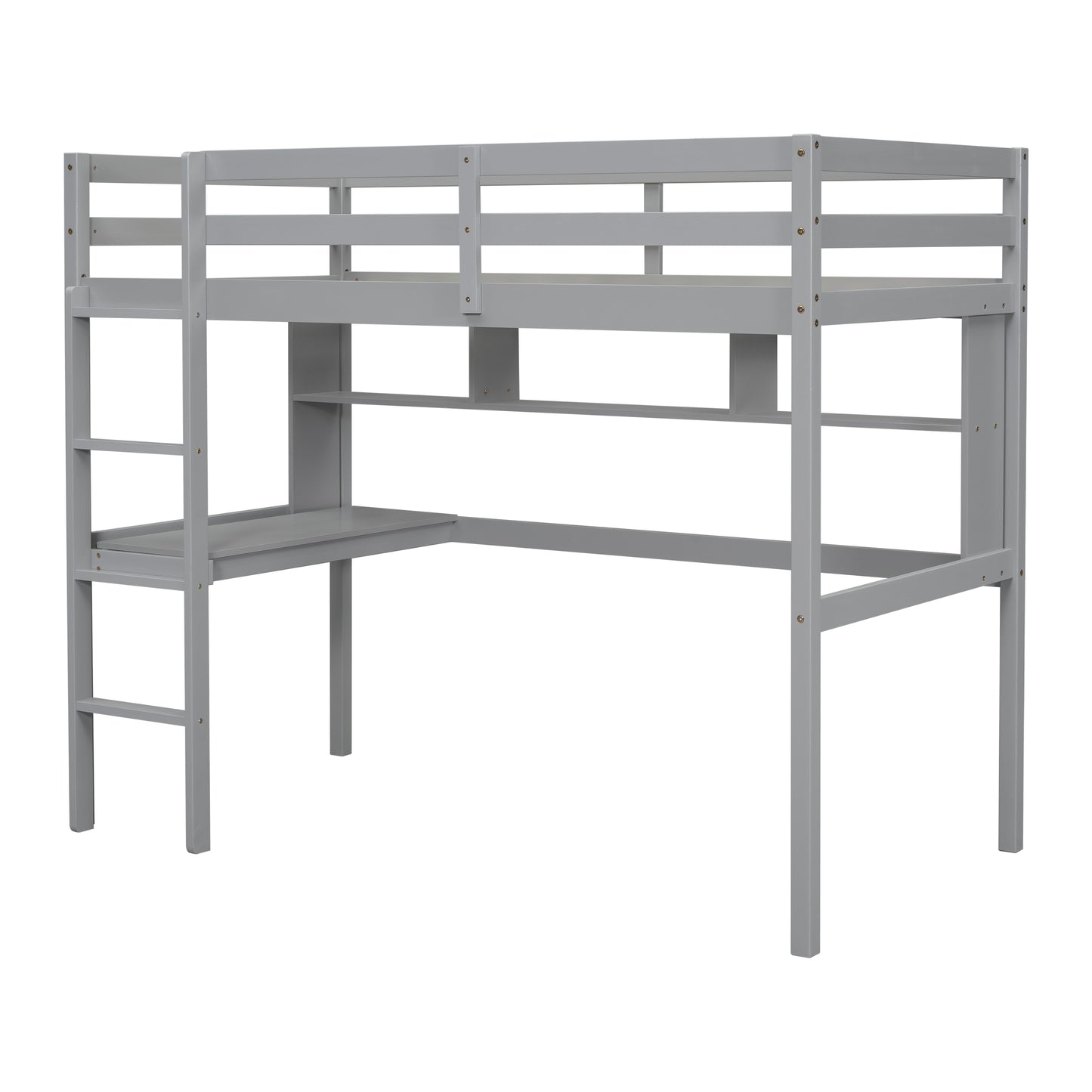 Twin Size Loft Bed with desk and shelves, Safety Guardrail and ladder,Grey