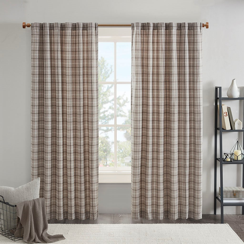 Plaid Rod Pocket and Back Tab Curtain Panel with Fleece Lining Brown 50x95'