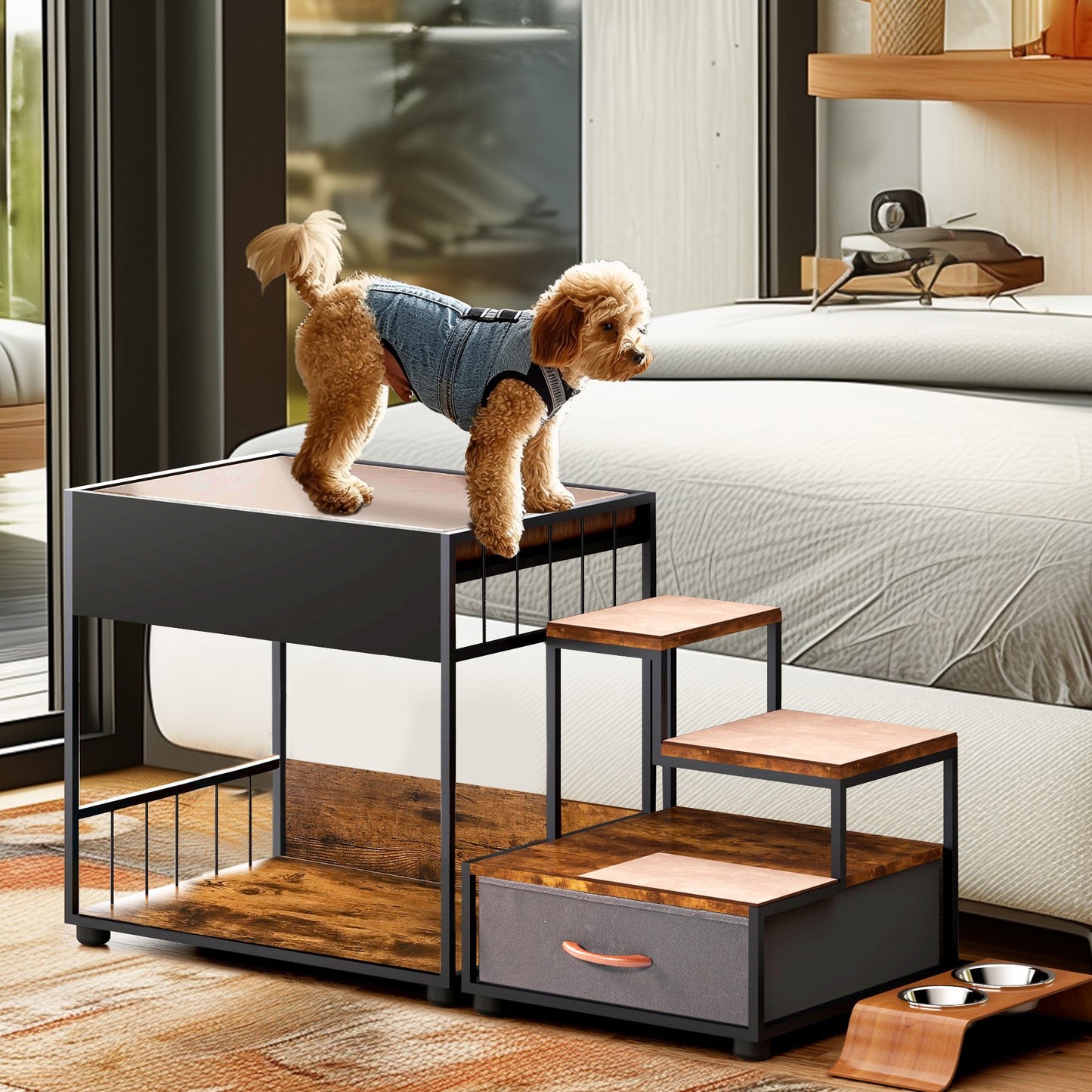 Pet Step Window Perch,Bunk Beds Window Perch for Dogs Bedside Lounge Elevated Dog Bed Multi-Level Platform with sponge, Non-Slip Pad and Storage,Vintage