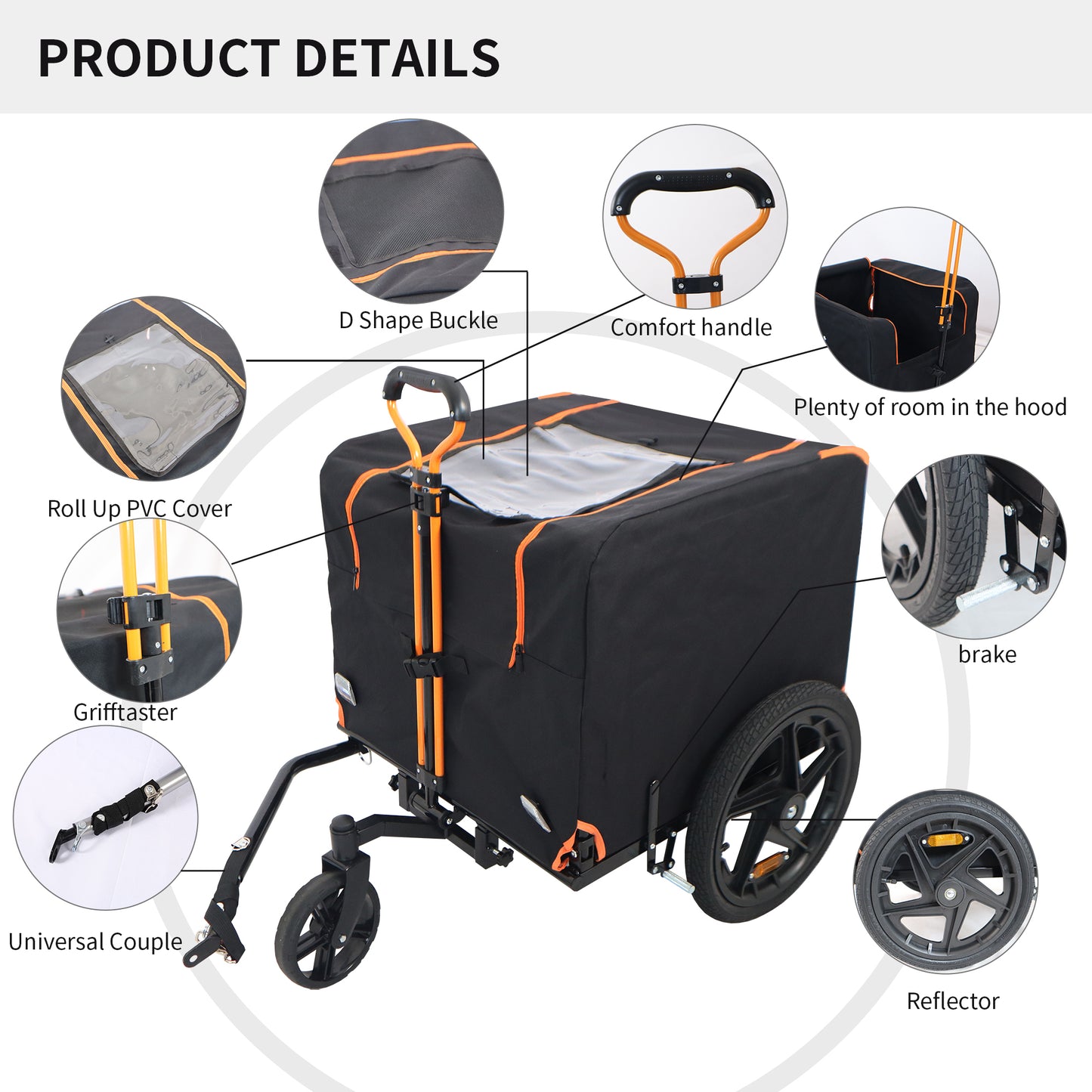 Foldable Pet Jogging Stroller Dog Carriers Bicycle Trailer Pet Dog Cat Bike Trailer Orange and Black - Ideal for Small Pets