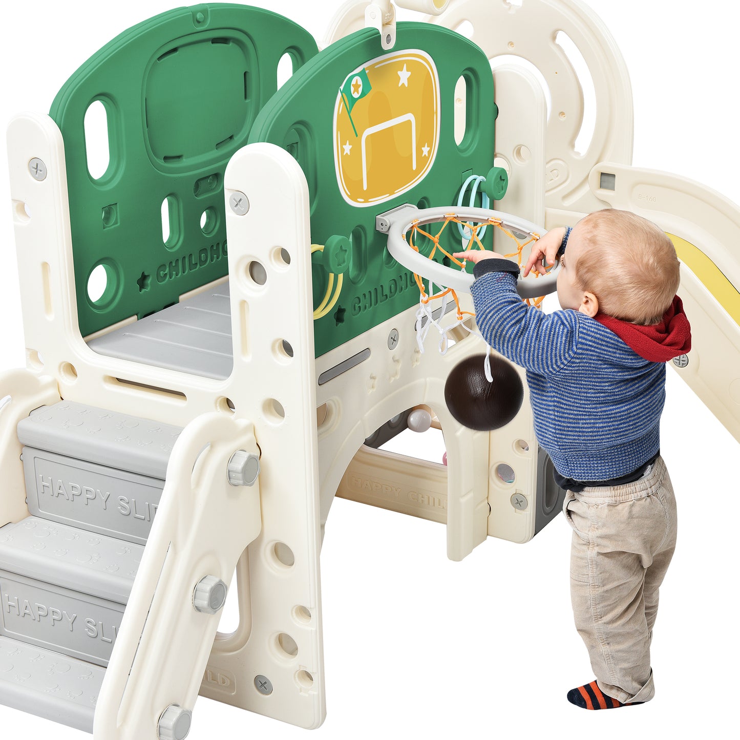 Kids Slide Playset Structure, Freestanding Castle Climbing Crawling Playhouse with Slide, Arch Tunnel, Ring Toss, and Basketball Hoop, Toy Storage Organizer for Toddlers, Kids Climbers Playground