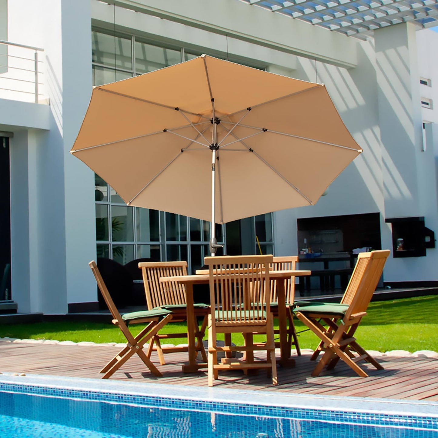 10FT Patio Umbrella, Outdoor Table Umbrella with Push Button Tilt and Crank, UV Protection Waterproof Market Sun Umbrella with 8 Sturdy Ribs for Garden, Deck, Backyard, Pool (Beige)