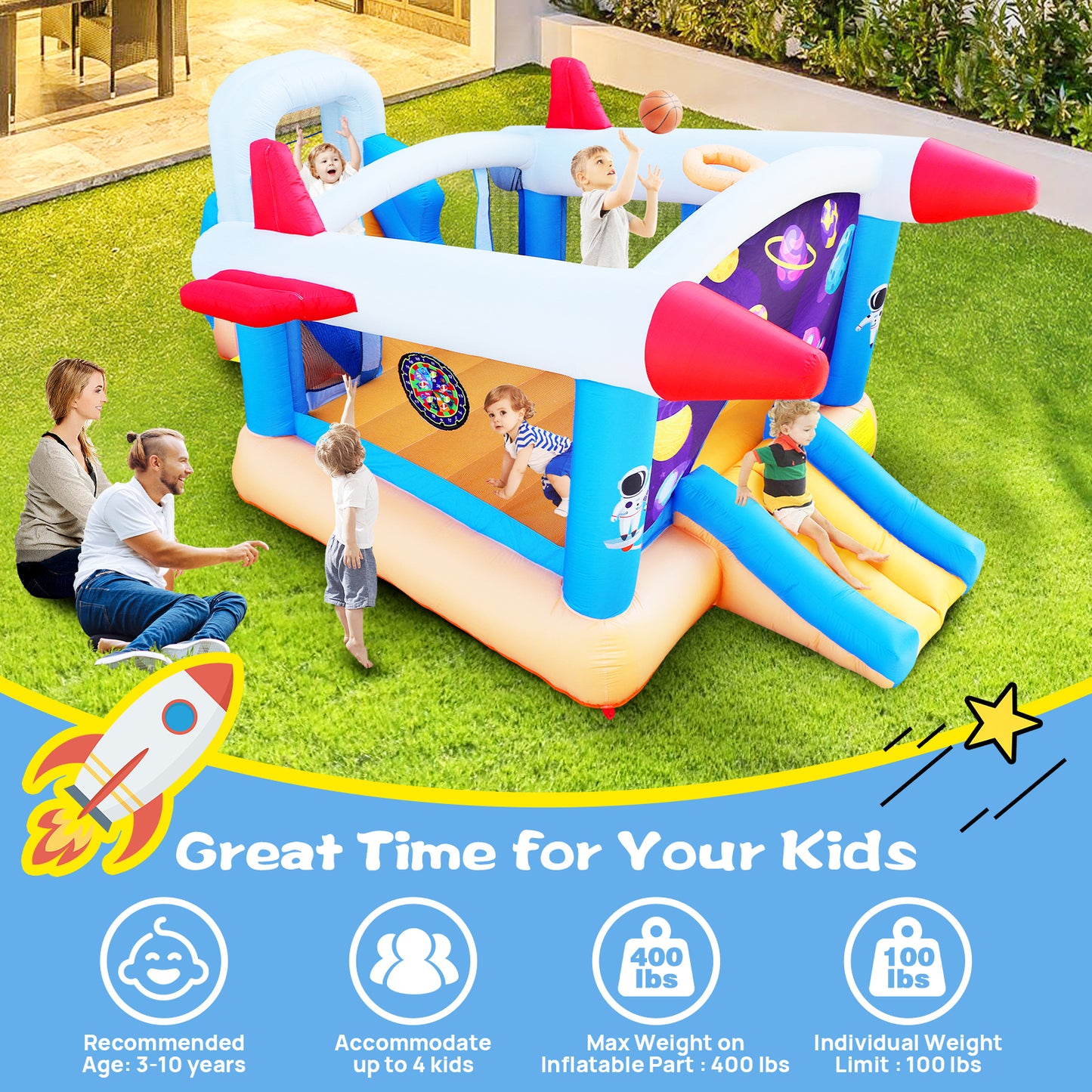 6 in 1 outdoor indoor inflatable bouncer for kids target ball basketball slide with blower