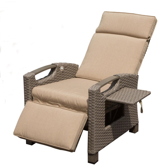 Outdoor Recliner Chair, Patio Recliner with Hand-Woven Wicker, Flip Table Push Back, Adjustable Angle, 6.8'' Thickness Cushions, Reclining Lounge Chair for Indoor and Outdoor, Beige