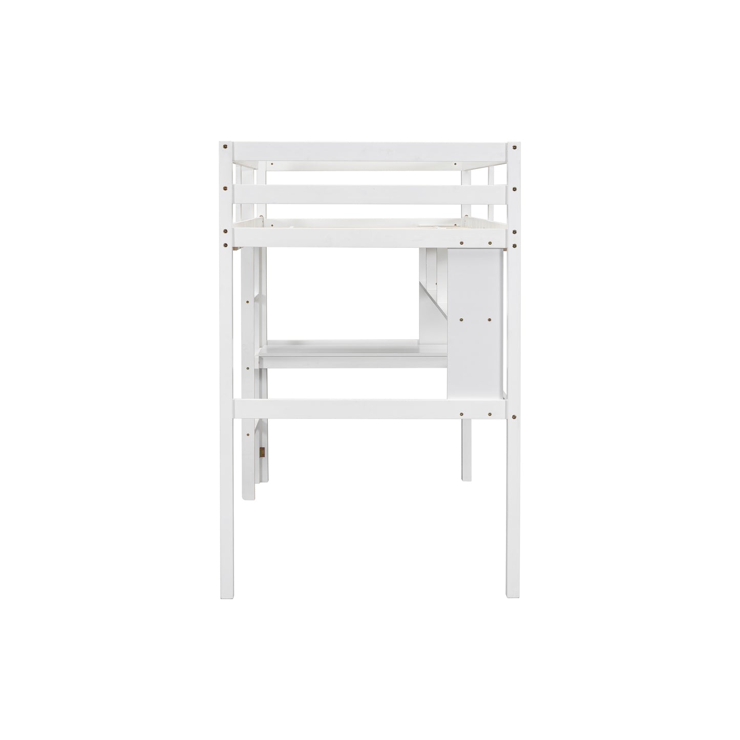 Twin Size Loft Bed with desk and shelves, Safety Guardrail and ladder,White